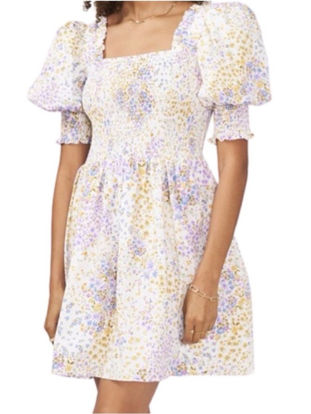 Smocked Puff-Sleeve Mini Dress in White with Lavender Floral